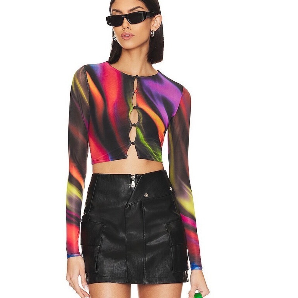 AFRM Mikka Top in Metaverse Mesh Cropped Abstract Print Long Sleeve Medium